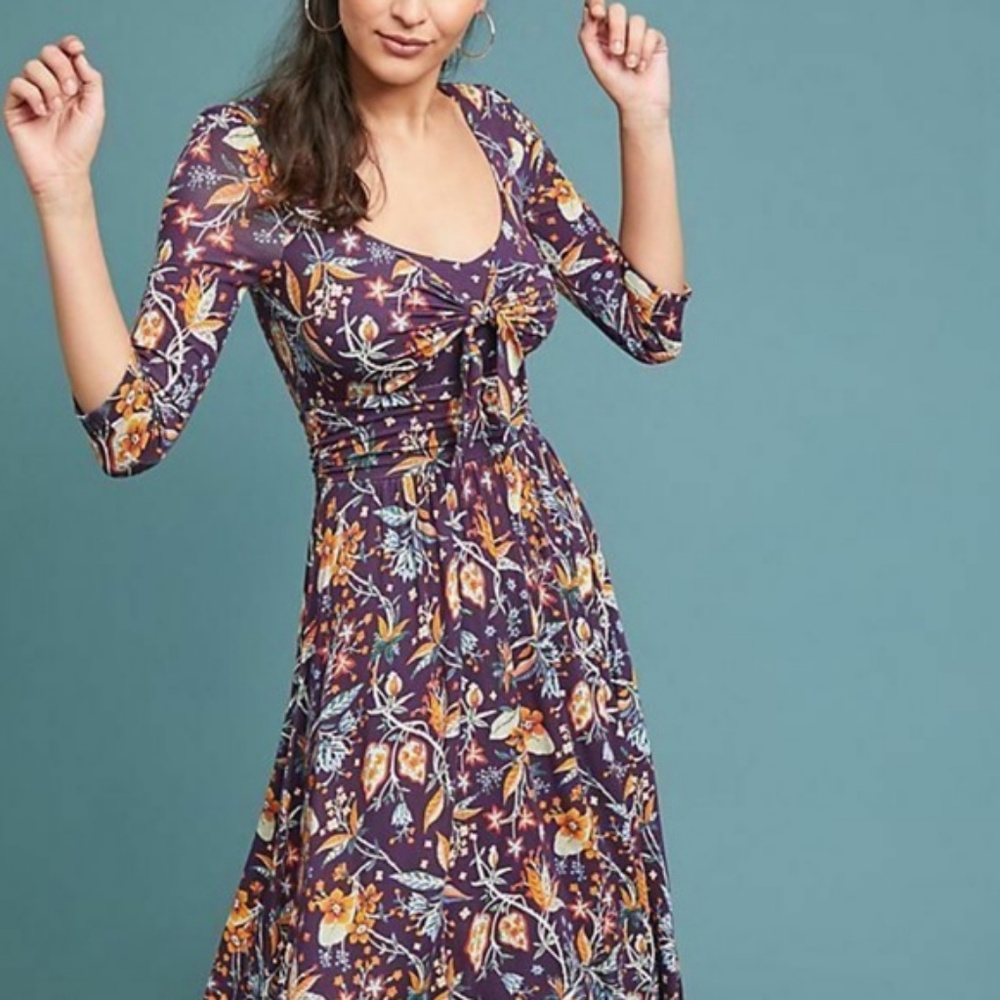 Anthropologie Floral Midi Dress - Purple and Orange